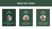 Team introduction slide showing three individuals in circular frames, with names and placeholder text, all on green blocks.