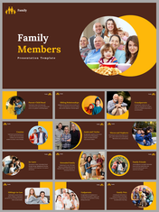 Family members slides with a warm brown and yellow color scheme, featuring a central image of a multigenerational family.