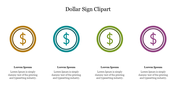 Four circular dollar signs in brown, blue, green, and purple, evenly spaced with placeholder text below.