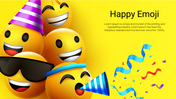 A group of cheerful emojis celebrating with party hats, sunglasses, and a noise maker on a bright yellow background.