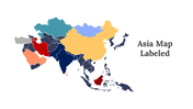 Slide pack with colored Asia maps, labeled countries, and various data points, including geographic and economic icons.