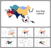 Slide pack with colored Asia maps, labeled countries, and various data points, including geographic and economic icons.