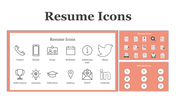 A pack of slides featuring a set of resume icons such as symbols for contact, mobile, education, and social media.