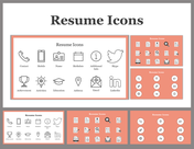 A pack of slides featuring a set of resume icons such as symbols for contact, mobile, education, and social media.