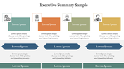 Executive summary slide with four colored sections and icons, with three blue arrows and green rectangles with caption area.