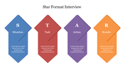 Star format interview slide with four  vertical  arrows labeled  in different colors with caption areas.