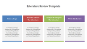 Literature review template with four multi coloured columns, each with placeholders placed in a white background.