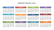 Editable Calendar 2020 PPT Template Presentation Slide