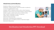 Disinfection and sterilization definitions with an image of a technician using equipment on the right.