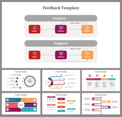 Feedback slides with diagrams for positive and negative feedback loops with different layout designs and icons.