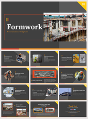 Slide deck with a construction theme, featuring images of formwork in use, with dark gray and orange accents.