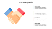 Illustrated handshake icon with vertical text placeholders for partnership details in vibrant colors on the right.