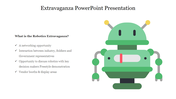 Extravaganza slide with a green robot illustration and details about a robotics networking event.