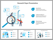 Research paper slides with vibrant illustrations and icons, divided into topics like social media, AI, and climate change.