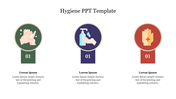 Hygiene PowerPoint slide featuring colorful icons for handwashing, sanitizer, and first aid with placeholder text.