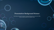 A science-themed slide with luminescent hexagons, spheres and orbs on a dark blur starry field background with title.