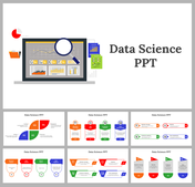 Informative slides about data science, highlighting colorful different layout designs and icons.