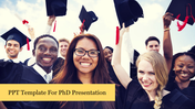 A presentation of Ph. D students celebrating success, featuring a diverse group of people in caps and gowns with diplomas.