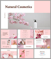 Natural cosmetics with a soft pink design, including slides for product features, customer reviews, and contact information.