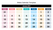 Calendar slide for January 2021, showing days of the week in different colors with a clean and organized layout.