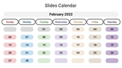 Monthly calendar for February 2022, showing days in soft colored boxes, with Sunday highlighted in red.