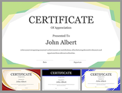 Certificate slide deck with varying border designs, emphasizing clean, elegant layouts and central text for awardees.