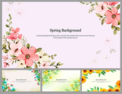 Collection of slides showing floral spring design with pastel flowers on a light purple and green backdrop.