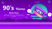 90s theme music party slide with vibrant purple background, retro cassette graphic, and geometric shapes with caption area.