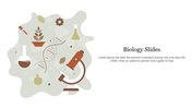 Biology themed slide with a microscope, DNA strand, beaker, and plant illustration, paired with text space.