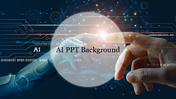 An AI theme slide with human and robotic hands touching among circuit board and binary code at background with center title.