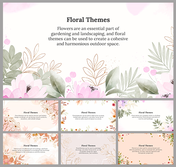 Collection of floral themed slides with soft pastel backgrounds and botanical illustrations.