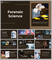 Forensic slide deck featuring images of evidence, lab workers, crime scenes, DNA analysis with brown backgrounds.