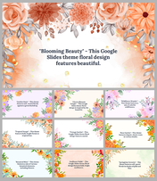 Slide deck with floral designs in orange, purple, and peach tones, in various layouts with flowers and soft backgrounds.