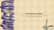 Vintage-themed Google Slides background depicting a stack of old books and a quill, set against a textured parchment paper.