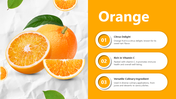 Whole and sliced oranges with leaves on the left, paired with three white text sections on a yellow background.