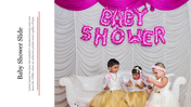 Slide with children seated on a white sofa and pink baby shower balloons, with a vertical title and text area on the left.