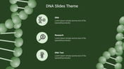 Green background with DNA helix strands on both sides, and three circular icons with text in the center.