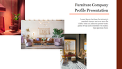 Three interior design images showcasing different furniture styles, with a company profile description on the right.