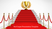 Elegant slide with a red carpeted stairway to a golden trophy, bordered by gold stanchions and red ropes.