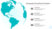 Geography slide featuring a blue-tinted globe highlighting North and South America, with numbered text points.