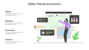 Economics themed slide with an illustration of a woman presenting data on graphs with four text sections.