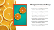 Orange slices background with a central framed image of two orange halves on a teal background, and text on the right.