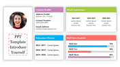 Colored slide for personal introduction with photo, contact info, work and education details, and a skills bar chart.