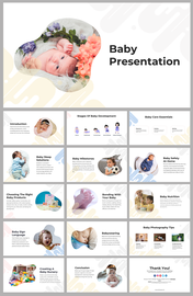 Slide deck with soft pastel backgrounds, featuring baby photos in various shapes and sections for care and development.