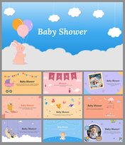 Baby shower slides with cheerful pastel colors, featuring a mix of baby icons, clouds, and animal illustrations background.