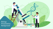 Biology background slide with two scientists examining a large microscope and a DNA strand, set against a green backdrop.