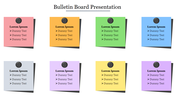 Bulletin board slide with eight sticky notes in various colors pinned to a board, each containing placeholder text.