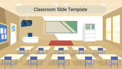 Illustrated classroom with desks, chairs, a teacher's desk, chalkboard, bookshelf, and windows and title at the top.