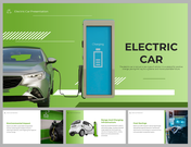 Slide deck on electric cars, featuring charging infrastructure, environmental impact, and cost savings, in green theme.