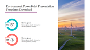 Slide for environment presentation featuring icons and text placeholders, with a wind energy image in the background.